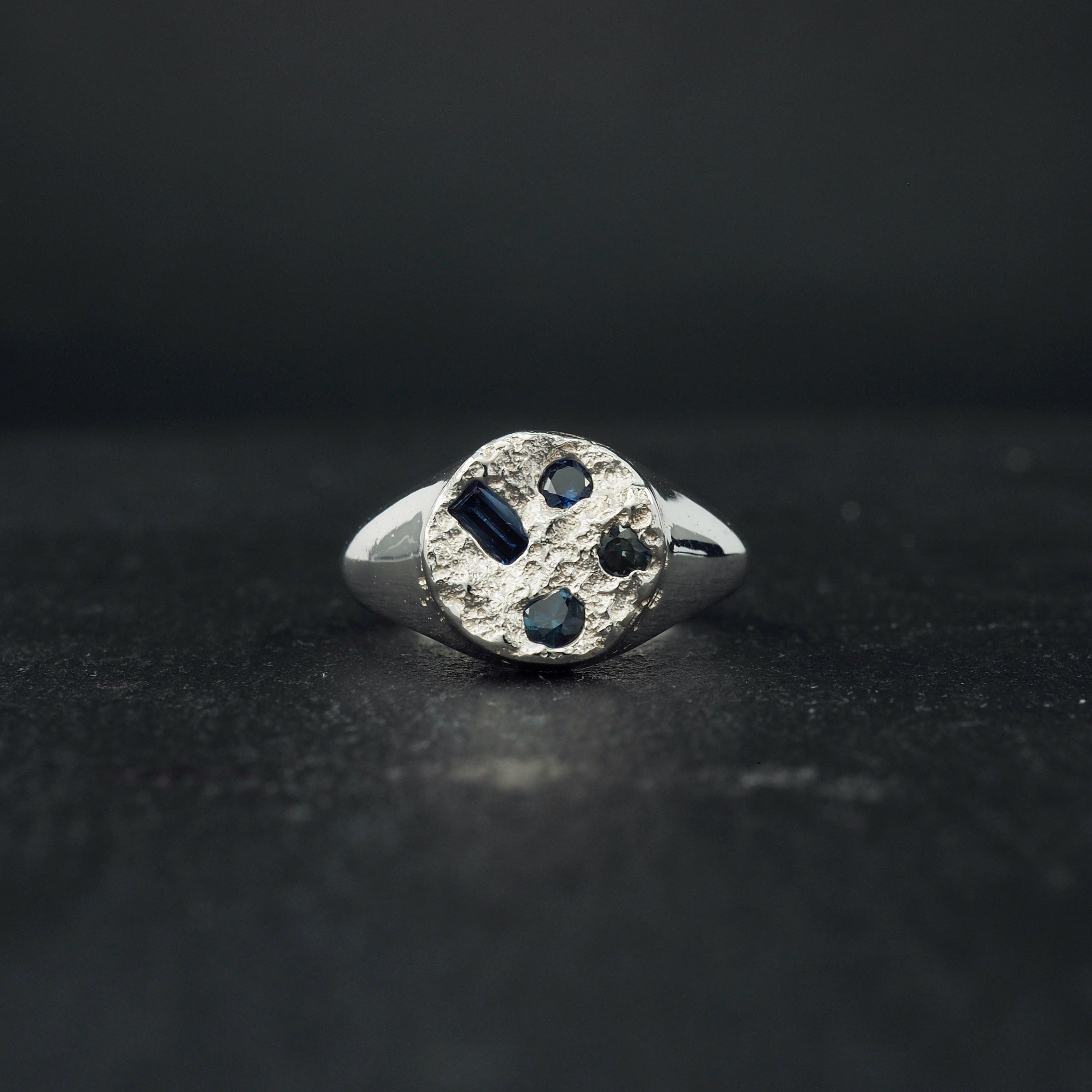 Custom 9k white gold Terra signet small + sapphires