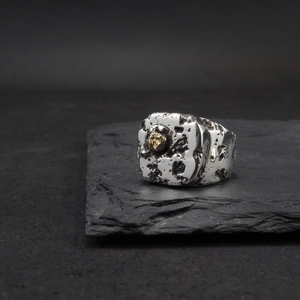 travel inspired unique rough solid sterling silver Eon signet ring gold rock alternative wedding ring